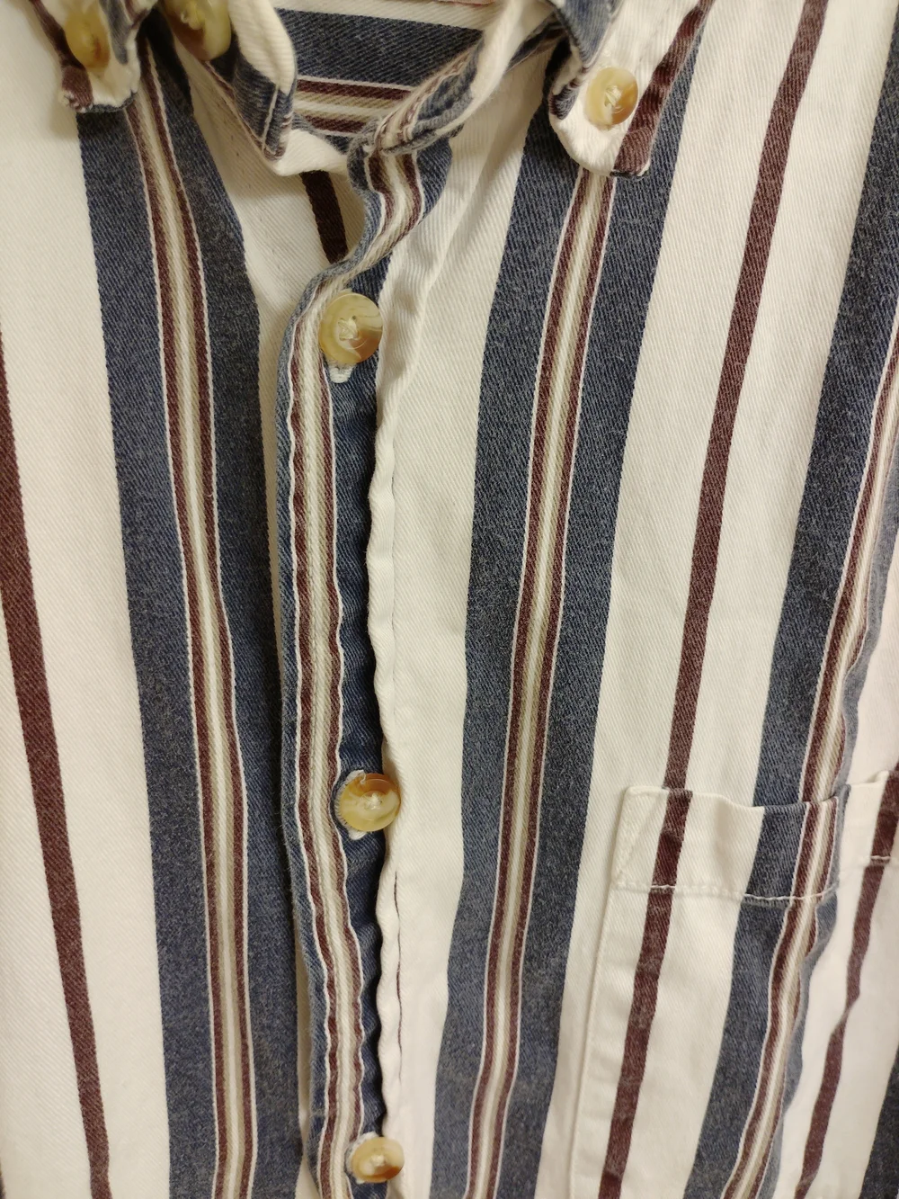 Faded Glory White Button-Down Shirt with Navy & Brown Stripes